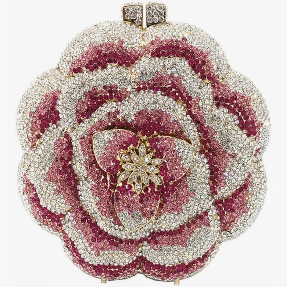 Sparkling Floral Crystal Evening Clutch - Pink, Silver & Gold